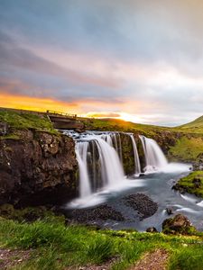 Preview wallpaper waterfall, river, nature, sunset