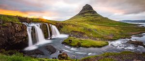 Preview wallpaper waterfall, river, nature, sunset