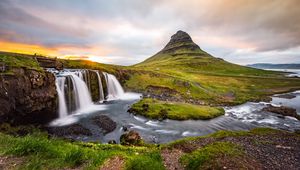 Preview wallpaper waterfall, river, nature, sunset