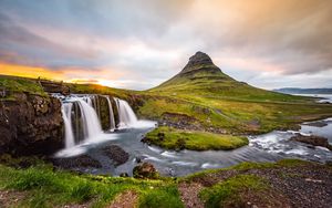 Preview wallpaper waterfall, river, nature, sunset