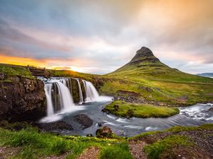 Preview wallpaper waterfall, river, nature, sunset