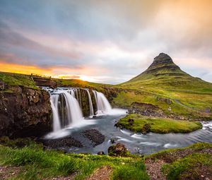 Preview wallpaper waterfall, river, nature, sunset