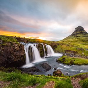 Preview wallpaper waterfall, river, nature, sunset