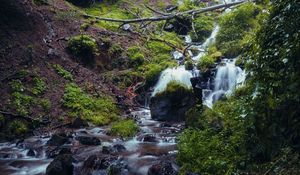 Preview wallpaper waterfall, river, plants, stones, forest, nature