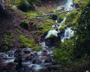 Preview wallpaper waterfall, river, plants, stones, forest, nature