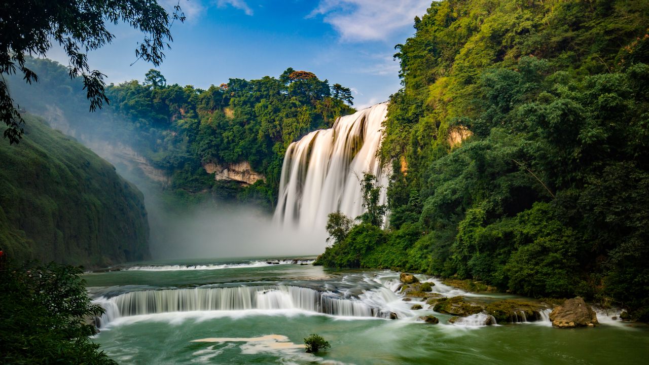 Wallpaper waterfall, river, precipice, trees, current, water