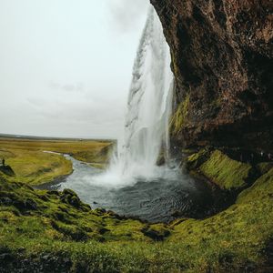 Preview wallpaper waterfall, river, rock, cliff, landscape