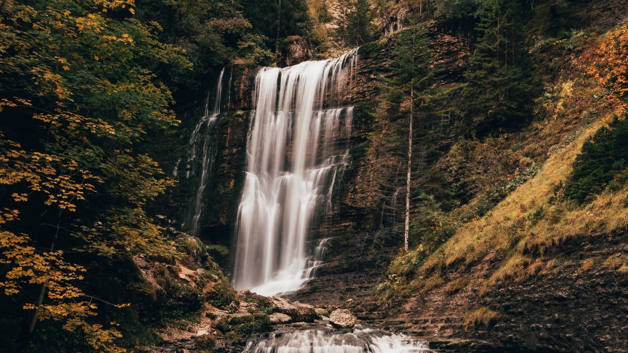Wallpaper waterfall, river, rock, trees, landscape