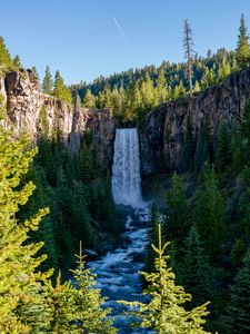 Preview wallpaper waterfall, river, rocks, trees, landscape, nature