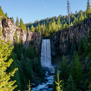 Preview wallpaper waterfall, river, rocks, trees, landscape, nature