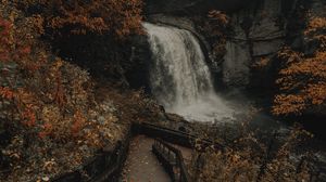 Preview wallpaper waterfall, river, rocks, trees, stairs