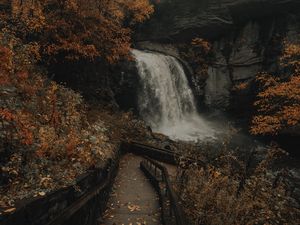 Preview wallpaper waterfall, river, rocks, trees, stairs