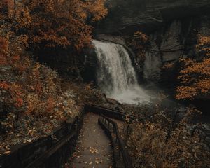 Preview wallpaper waterfall, river, rocks, trees, stairs