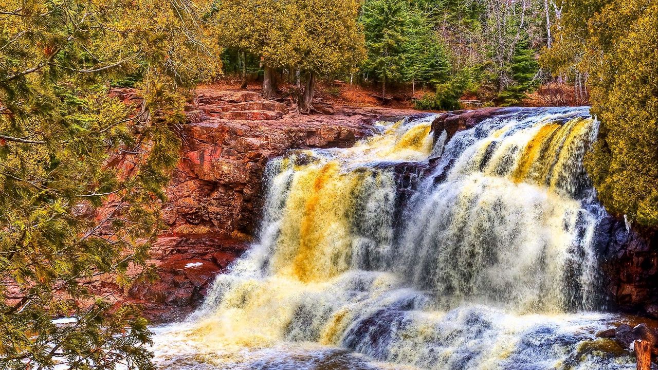 Wallpaper waterfall, river, rocks, trees, hdr
