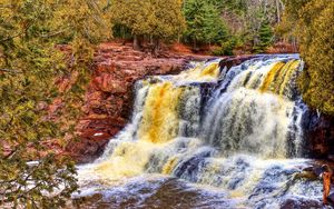 Preview wallpaper waterfall, river, rocks, trees, hdr