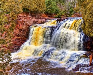 Preview wallpaper waterfall, river, rocks, trees, hdr