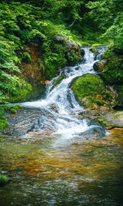 Preview wallpaper waterfall, river, stones, landscape, trees, moss