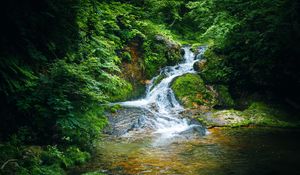 Preview wallpaper waterfall, river, stones, landscape, trees, moss