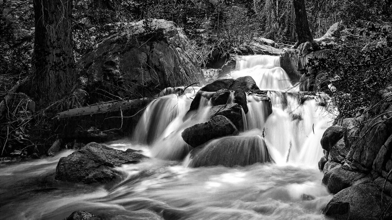 Wallpaper waterfall, river, stones, landscape, nature, black and white
