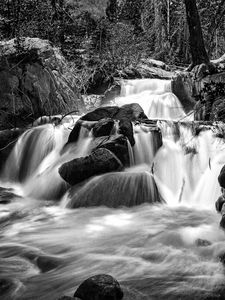 Preview wallpaper waterfall, river, stones, landscape, nature, black and white