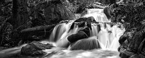 Preview wallpaper waterfall, river, stones, landscape, nature, black and white