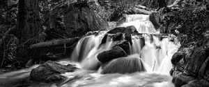 Preview wallpaper waterfall, river, stones, landscape, nature, black and white