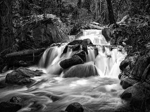 Preview wallpaper waterfall, river, stones, landscape, nature, black and white