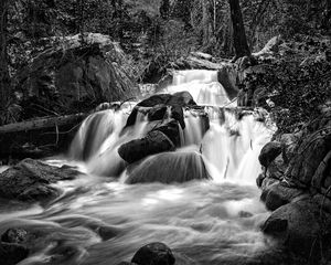 Preview wallpaper waterfall, river, stones, landscape, nature, black and white