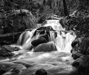 Preview wallpaper waterfall, river, stones, landscape, nature, black and white