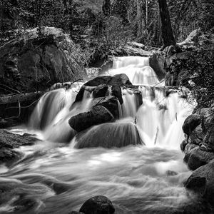 Preview wallpaper waterfall, river, stones, landscape, nature, black and white