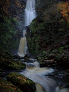 Preview wallpaper waterfall, river, stones, moss, nature, dark