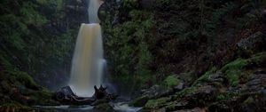 Preview wallpaper waterfall, river, stones, moss, nature, dark