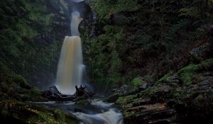 Preview wallpaper waterfall, river, stones, moss, nature, dark