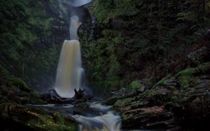Preview wallpaper waterfall, river, stones, moss, nature, dark
