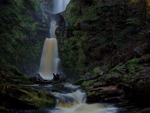 Preview wallpaper waterfall, river, stones, moss, nature, dark