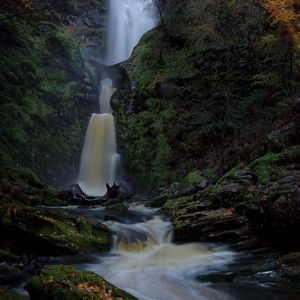 Preview wallpaper waterfall, river, stones, moss, nature, dark