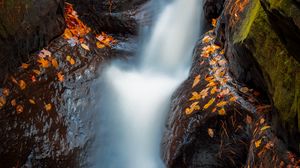 Preview wallpaper waterfall, river, stones, leaves, water