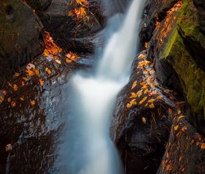 Preview wallpaper waterfall, river, stones, leaves, water