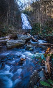 Preview wallpaper waterfall, river, stones, logs, trees