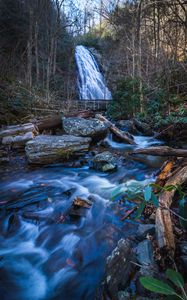 Preview wallpaper waterfall, river, stones, logs, trees