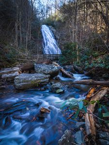 Preview wallpaper waterfall, river, stones, logs, trees