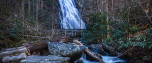 Preview wallpaper waterfall, river, stones, logs, trees