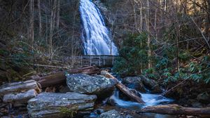 Preview wallpaper waterfall, river, stones, logs, trees