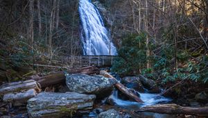 Preview wallpaper waterfall, river, stones, logs, trees