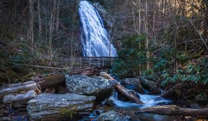 Preview wallpaper waterfall, river, stones, logs, trees