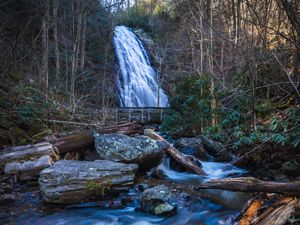 Preview wallpaper waterfall, river, stones, logs, trees