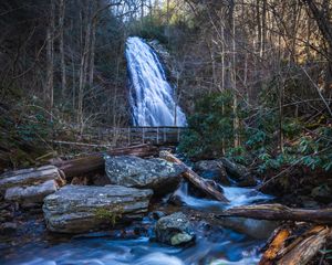 Preview wallpaper waterfall, river, stones, logs, trees