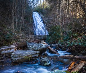 Preview wallpaper waterfall, river, stones, logs, trees