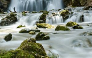 Preview wallpaper waterfall, river, stones, water, flow, nature