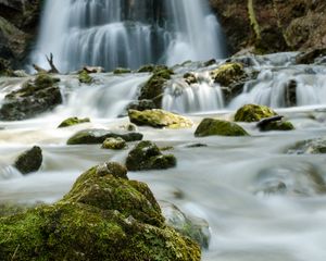 Preview wallpaper waterfall, river, stones, water, flow, nature